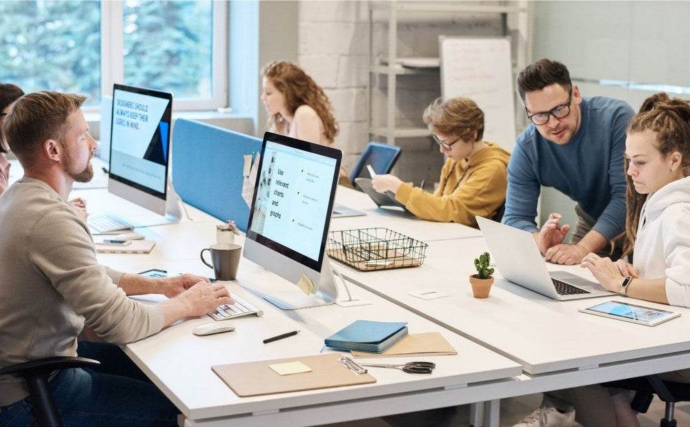 Staff working together in an open office, reflecting private office vs open space concepts