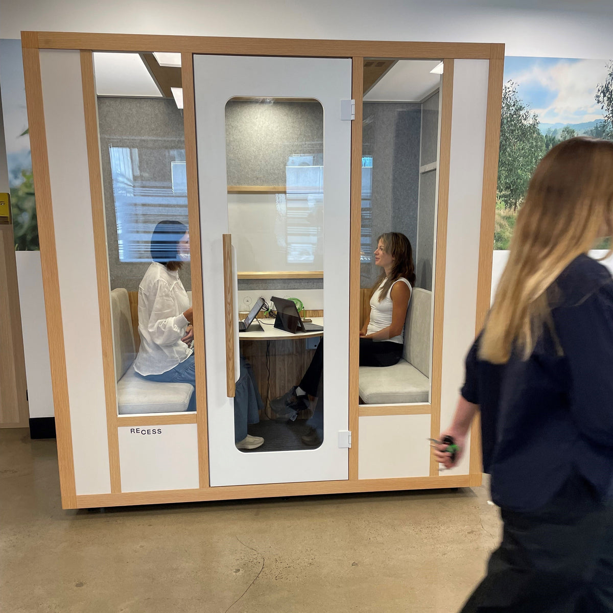 Recess soundproof office booth installed in a team workspace