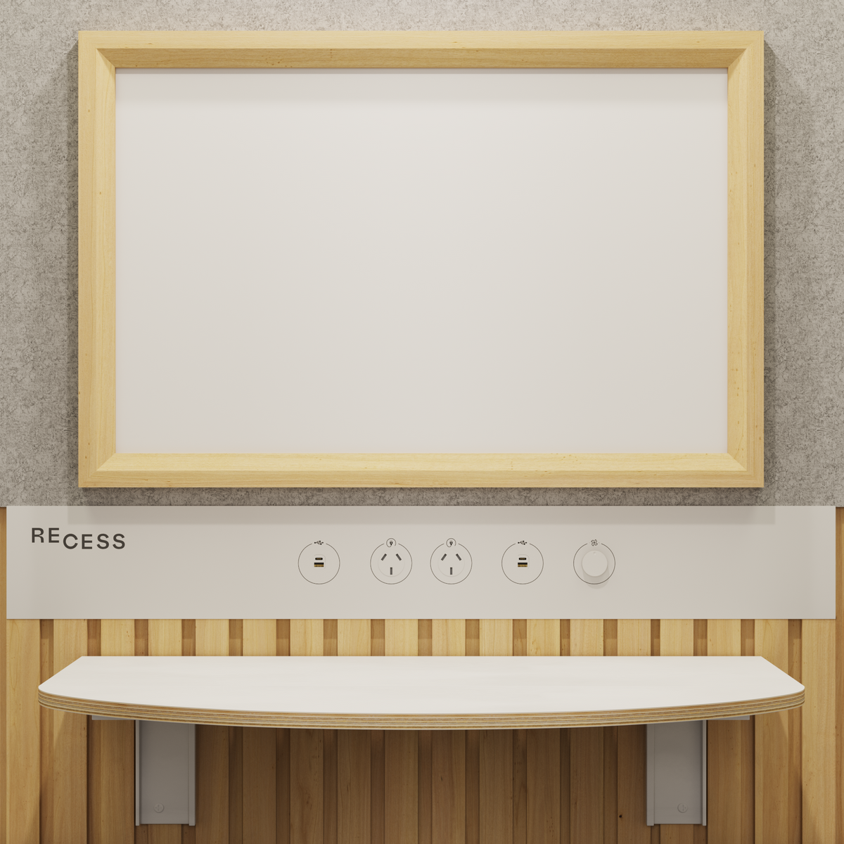 The Cove white meeting booth showing built-in USB-C and Australian power outlets