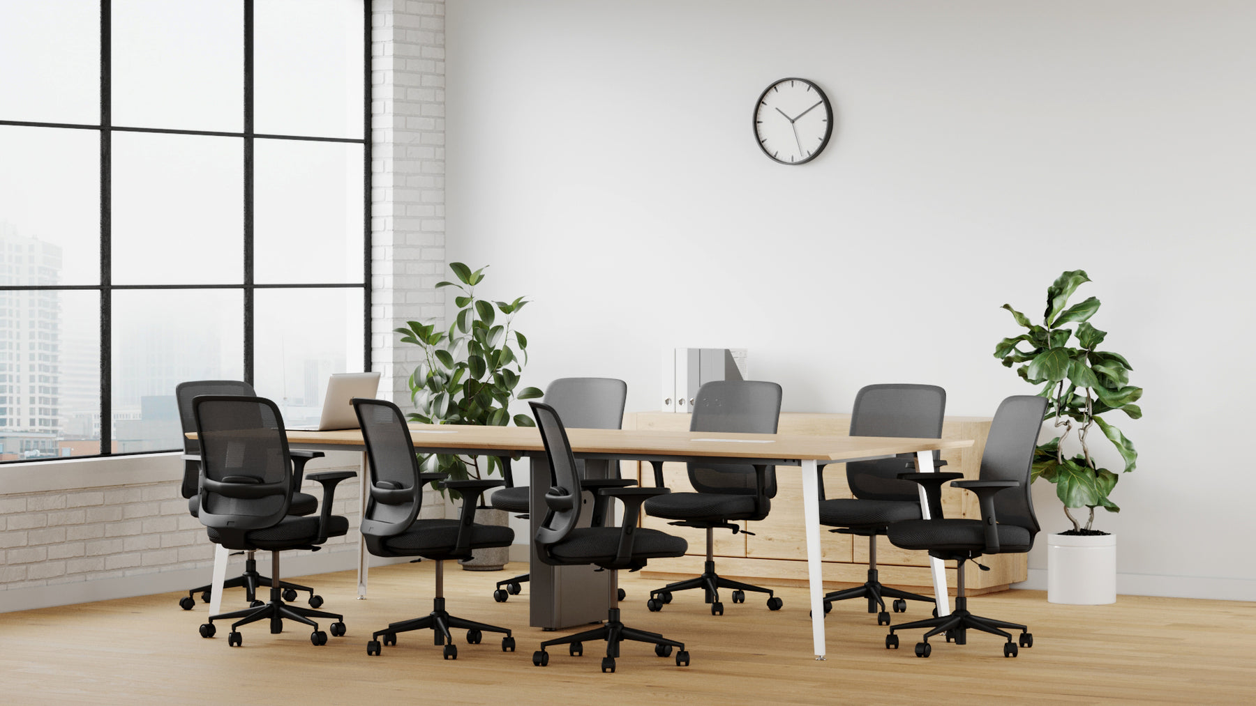 Landscape office view of Recess meeting table with 8 ergo chairs