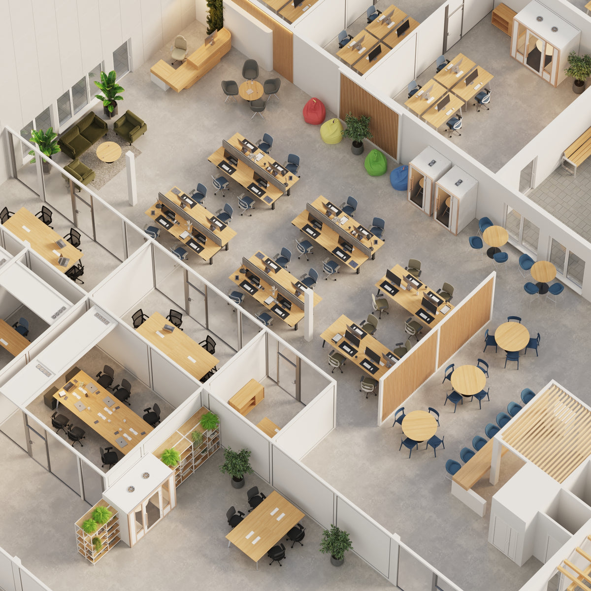 Custom Australian office fit-out floor plan featuring Recess desks, chairs and phone booths
