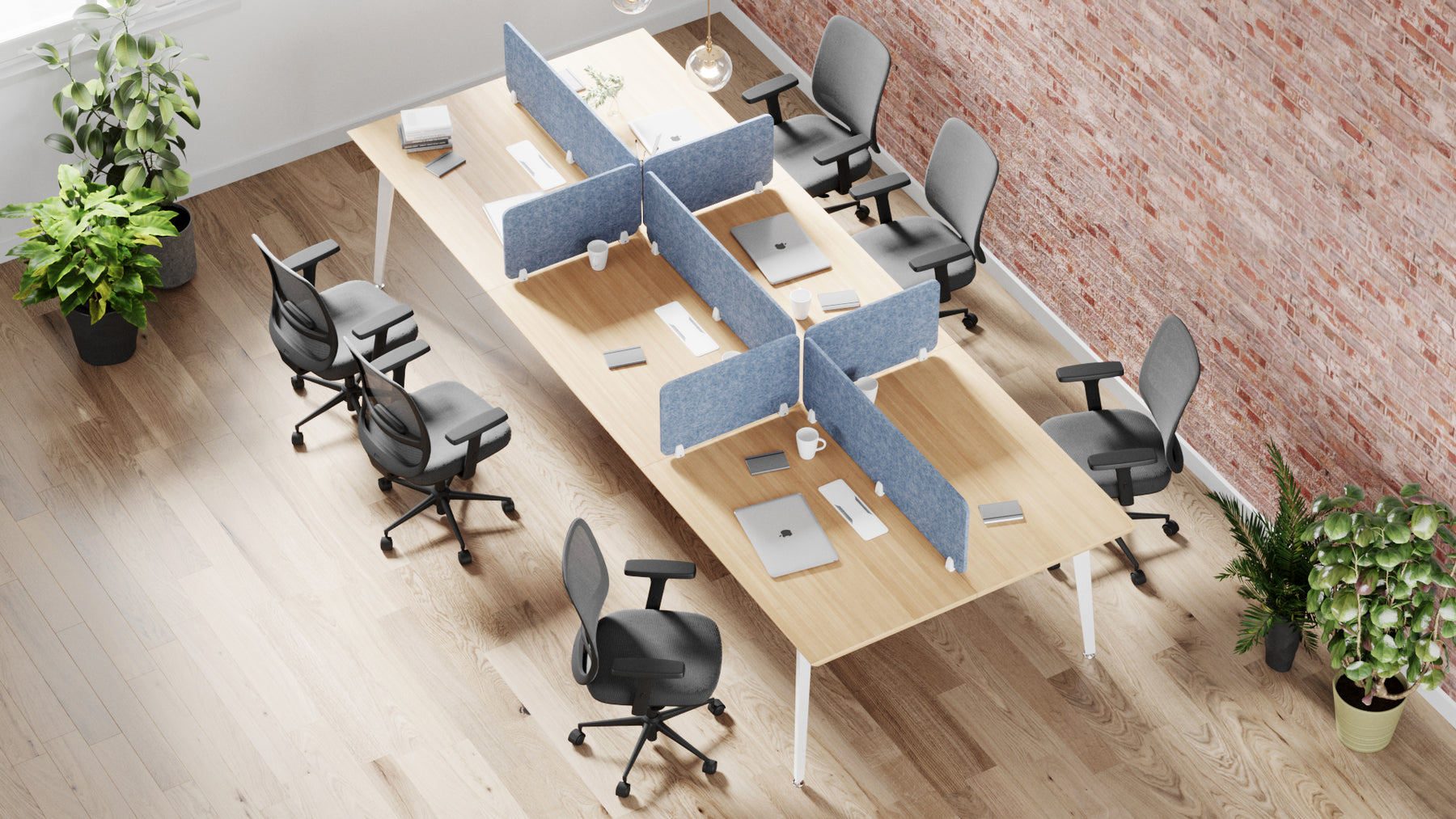 Bird's eye view of recess 6 seat desk with recess desk screens and 6 recess ergo chairs